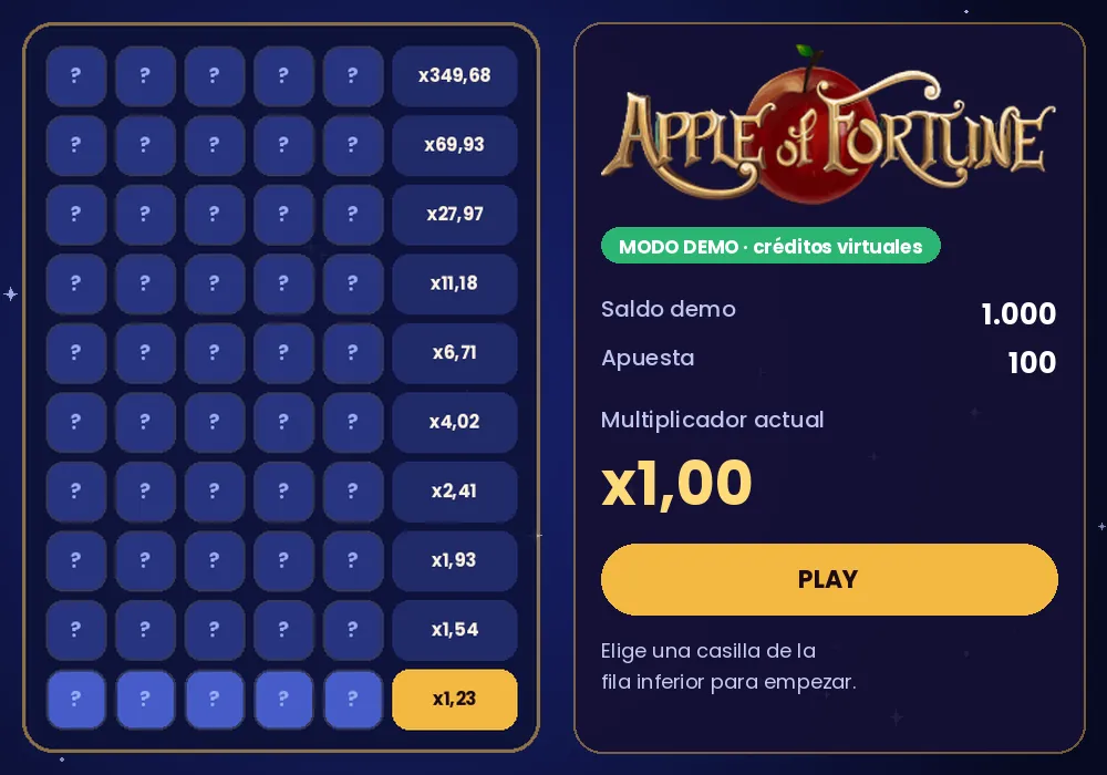 Pantalla del modo demo de Apple of Fortune al inicio de la ronda con multiplicador x1,00